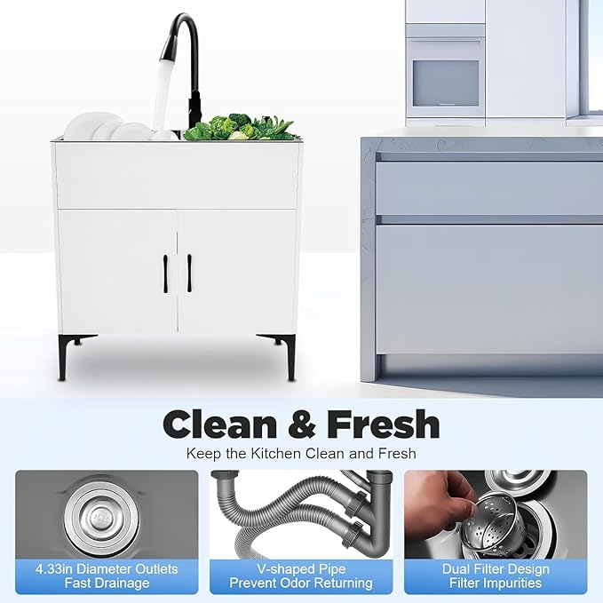 30-Inch Laundry Sink with Cabinet and Pull-Out Sprayer Faucet, Freestanding Kitchen Sink Cabinet with Stainless Steel Sink & Draining Basket, Wash Station Tub for Laundry & Utility Room, Bathroom
