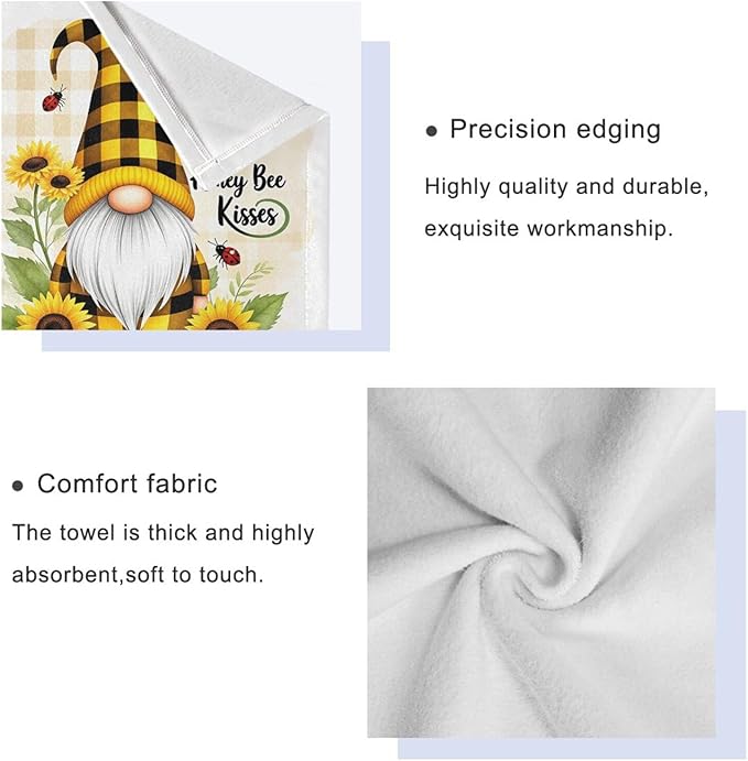Pfrewn Gnome Sunflower Flowers Towels Set of 3 Bee Plaid Spring Bathroom Towel Soft Absorbent Bath Hand Towels Washcloth Guest Towel Sets Bathroom Decorations