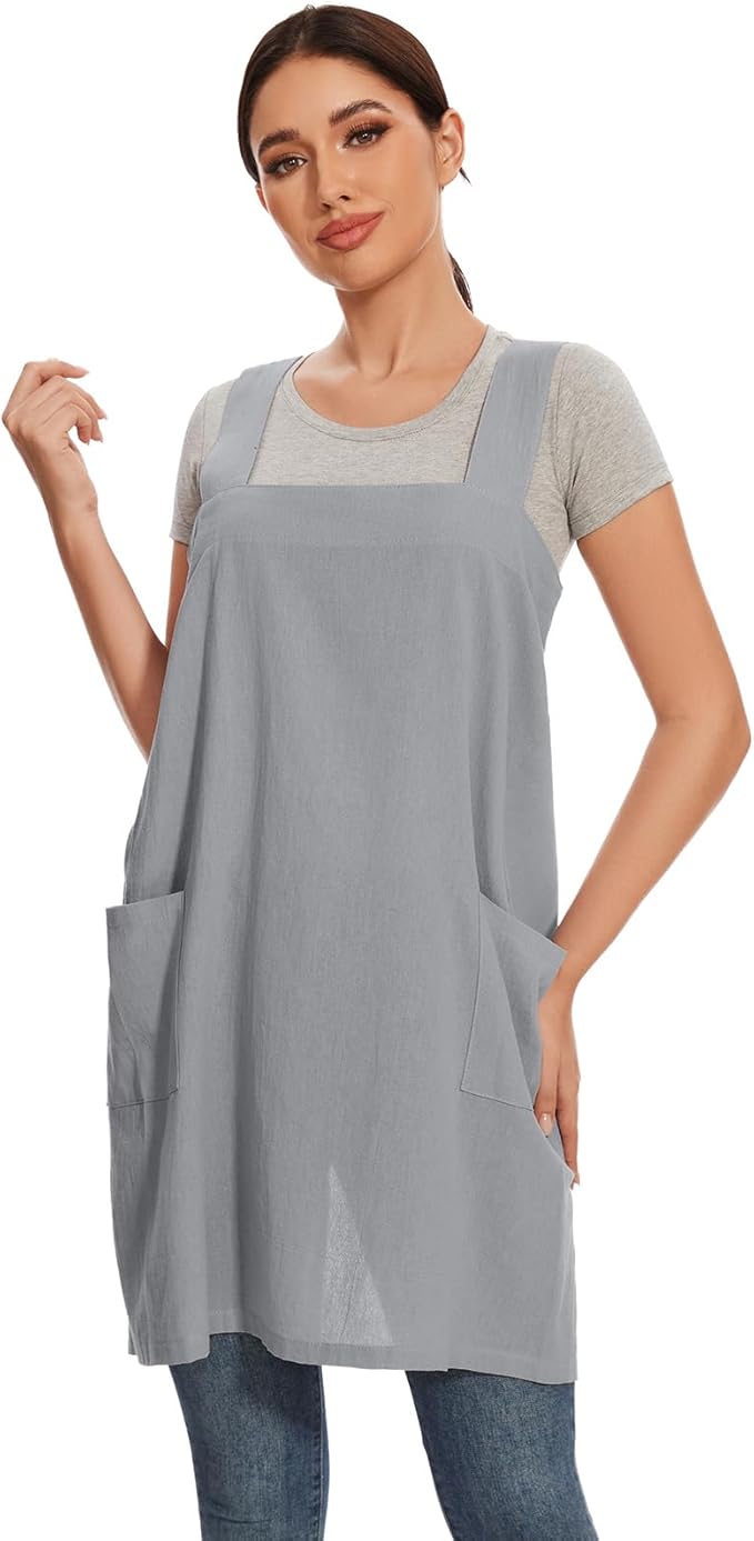 Women Apron with 2 Pockets Cotton Linen Kitchen Baking Cooking Chef Cross Back Pinafore Dress