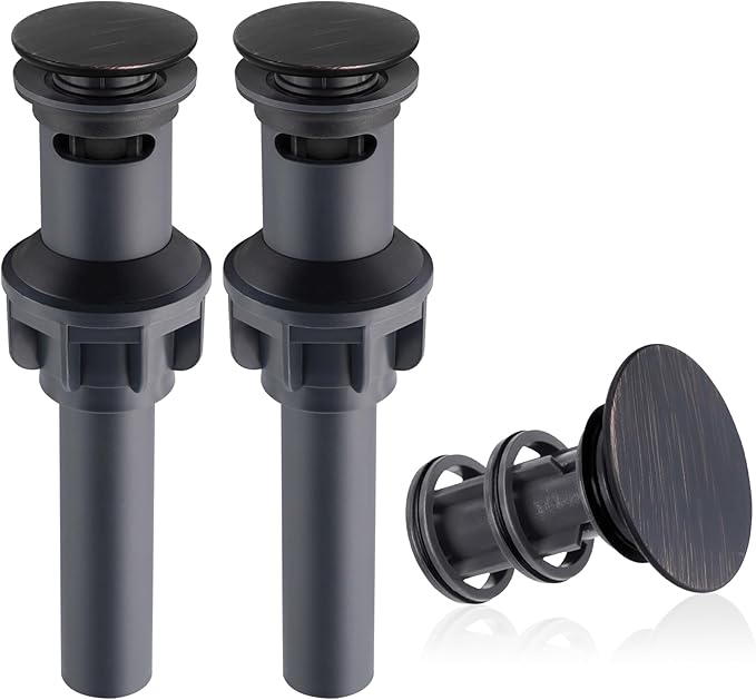 Hibbent 2 Pack Universal Bathroom Sink Drain Stopper, Pop Up Drain Strainer with Overflow, Push and Seal Sink Plug with Basket for Lavatory Vanity Vessel, Anti-Clogging Strainer, Oil Rubbed Bronze