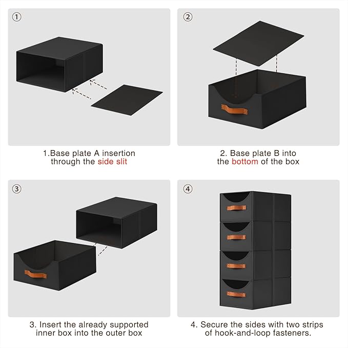 Closet Organizers and Storage - Large Stackable Storage Bins with Drawer, Fabric Bins for Organization, Collapsible Storage Drawers Organizer for Bedroom, Living Room, 4 Pack, Black