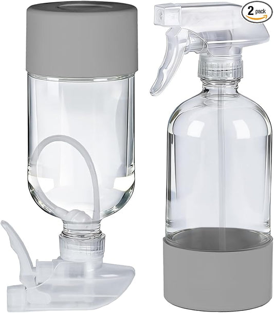 2 Pack 360° Glass Spray Bottles with Silicone Sleeve, 16 oz Empty Refillable Containers with Adjustable Spray Nozzles, Spray Bottles for Hair, Cleaning Solutions and Plants Grey