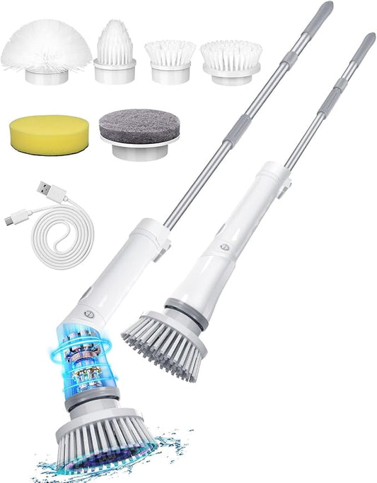 Electric Spin Scrubber Cordless,Power Scrubber Shower Cleaning Brush 400rpm,Bathroom Scrubber with 6 Replaceable Drill Brush Head, Adjustable Long Handle IPX6 for Clean Tile Tub Grout Toilet Car