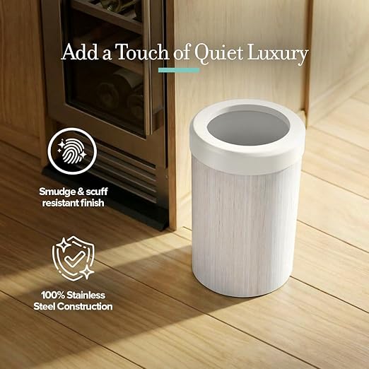 Gatco Small Bathroom Trash Can with Lid, Round 3 Gallon Wastebasket, Under Sink, White Oak with Matte White, for Bathroom, Bedroom, Office (1932W)