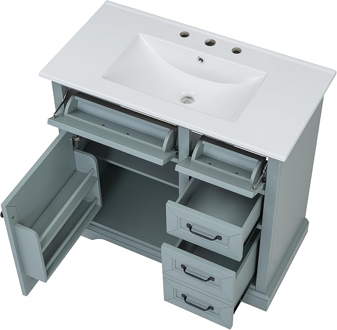 Christopher Knight Home 36" Bathroom Vanity with Ceramic Sink, Wooden Bathroom Vanity Organizer, Bathroom Storage Cabinet, Pedestal Sink Storage Cabinet, Adjustable Door Shelves+Drawer, Green Grey