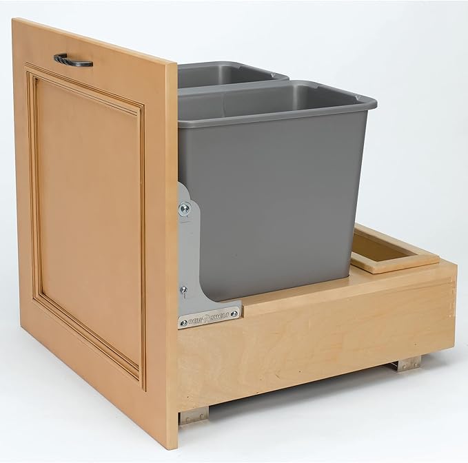Rev-A-Shelf Double 30-Quart Pullout Under Cabinet Trash Cans with Soft Open & Close Slide System, Metallic Silver, Maple Wood Bottom 4WCBM-2430DM-2