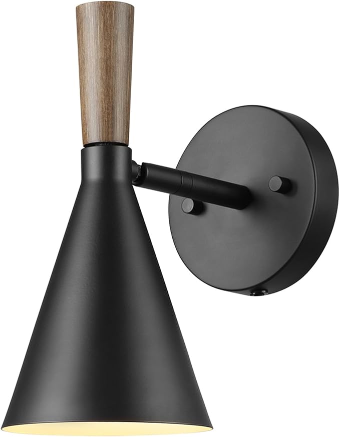 GLOBE Electric Plug-in or Hardwire Wall Sconce, Matte Black, Wood-Tone Switch, Metal Shade, 6-Foot Cord, 65000101