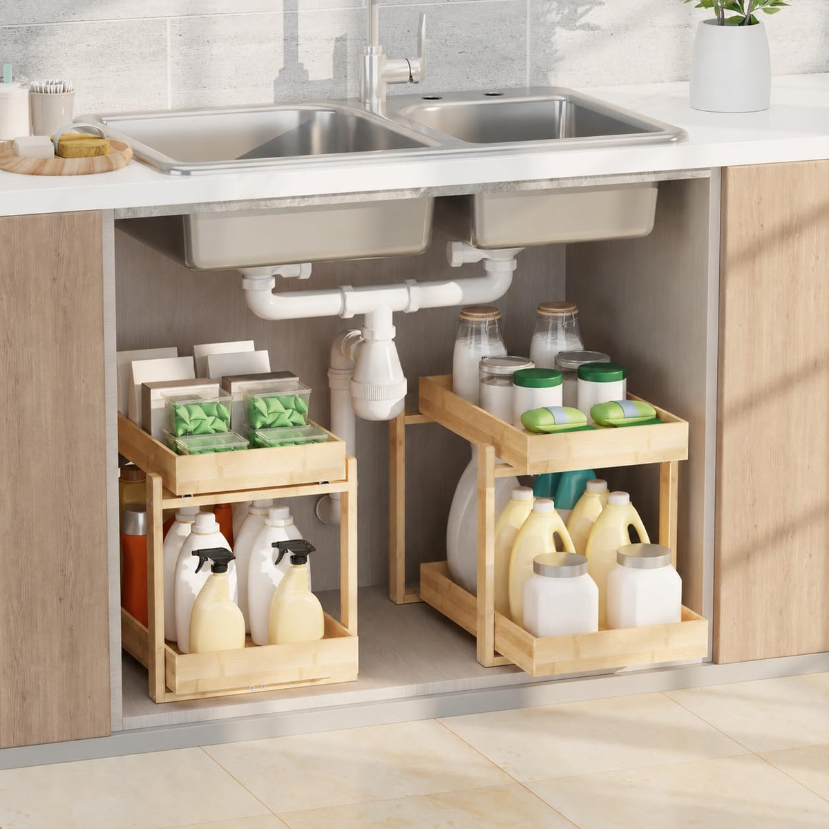 APRTAT 2 Pack Bamboo Under Sink Organizer, 2-Tier Pull Out - Image 1