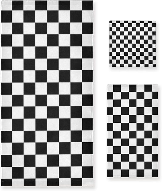 Black White Checkered Bath Towels Set, 3 Piece Geometric Checkerboard Towel Set(1 Bath Towel 1 Hand Towel 1 Washcloth), Absorbent Microfiber Modern Decorative Bathroom Towels for Hair, Face