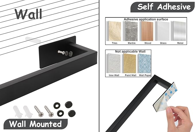Bathroom Towel Bar Self Adhesive, No Drilling Towel Rack Easy to Install, Hand Towel Holder Made of Premium Stainless Steel Sticky on Hand Towel Hanger for Kitchen, Toilet.(17.7IN, Black)