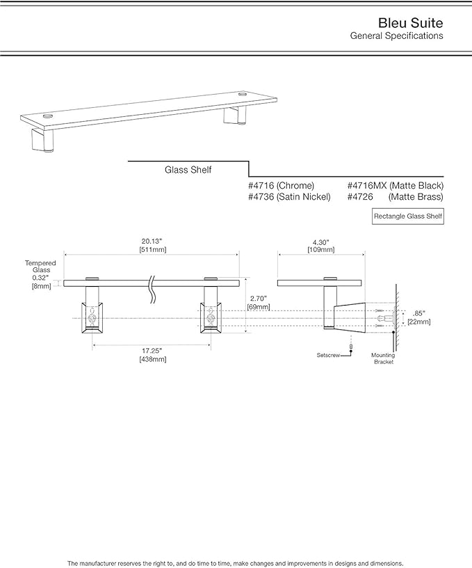Gatco 4716 Bleu Glass Shelf, Chrome/Wall Mounted 20.13" X 4.30" Tempered Glass/Floating Rectangle Glass Shelf for Bathroom