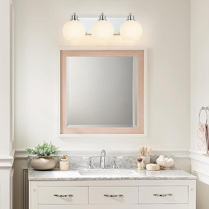 Tuscarora Chrome Vanity Light - 3 Light Bathroom Vanity Light with Milk Glass Shade, Over Mirror Lighting Fixture