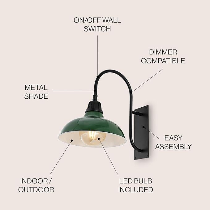 JONATHAN Y JYL7614F Stanley 12.25" 1-Light Farmhouse Industrial Indoor/Outdoor Iron LED Gooseneck Arm Outdoor Sconce Metal Bowl Shade Vintage Cottage Rustic Porch Patio Yard Barn, Green
