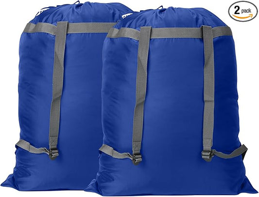 2 Pack Laundry Bag Backpack, 27” x 34”Sturdy Laundry Bag with Shoulder Straps Drawstring Closure Heavy Duty Foldable Laundry Backpack for College, Travel, Laundromat, Apartment (Blue)
