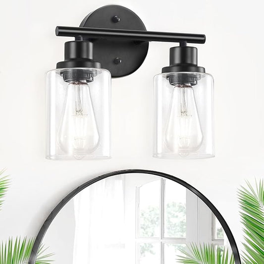 2-Light Black Bathroom Light Fixtures, E26 Modern Vanity Lights for Bathroom with Clear Glass Shade, Wall Lamps for Mirror Kitchen Hallway Cabinet Living Room Sconces Lights