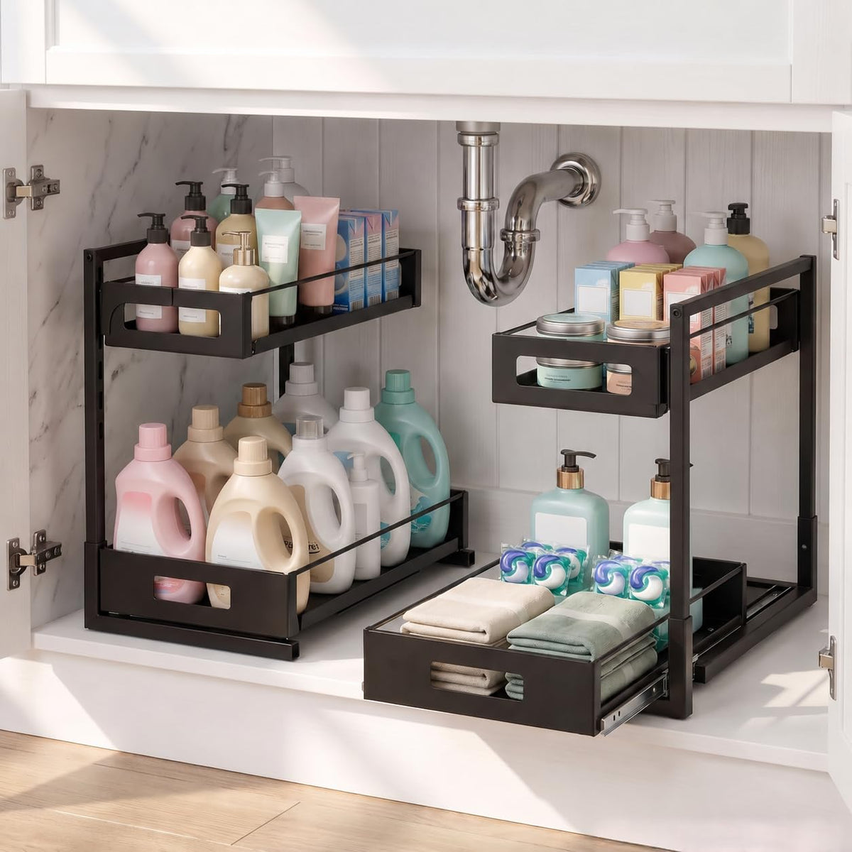 Under Sink Organizer Adjustable Height L Shaped Pull Out - Image 1