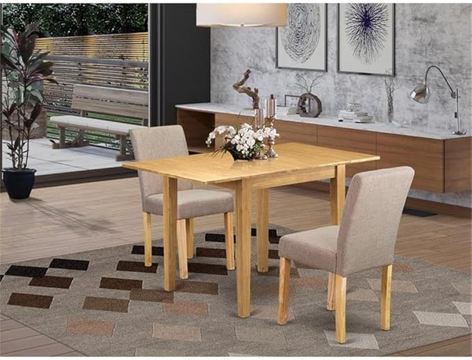 East West Furniture 1NDAB3-OAK-04 3 Piece Kitchen Table Set Contains a Rectangle Dining Table with Dropleaf and 2 Light Tan Linen Fabric Parson Dining Room Chairs, 30x48 Inch, Oak