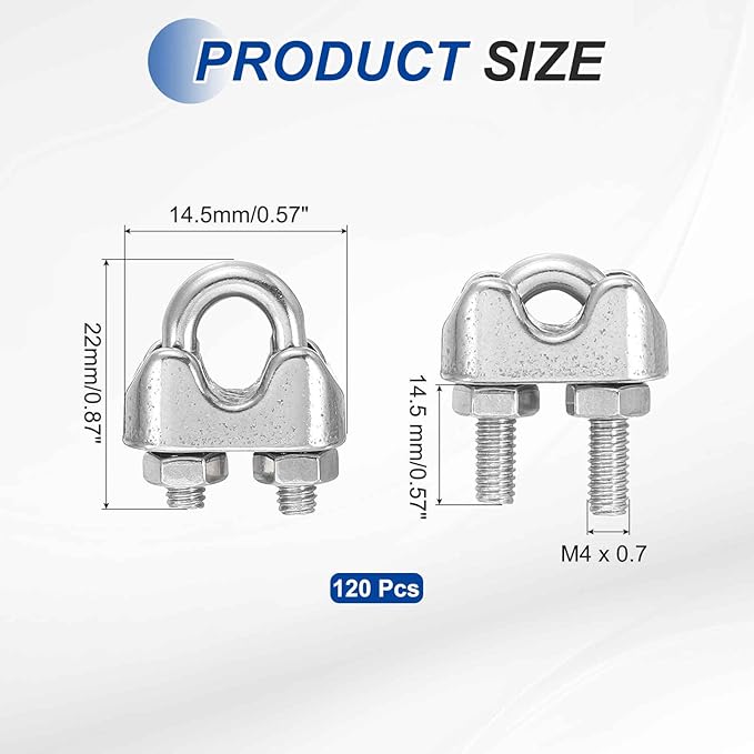 MECCANIXITY 120Pcs Wire Rope Cable Clip Clamps 5/32 Inch M4 Small 304 Stainless Steel U Bolt Saddle Fasteners Hardware for Secure Rigging Marine Guy Line Fence Clothesline, Silver
