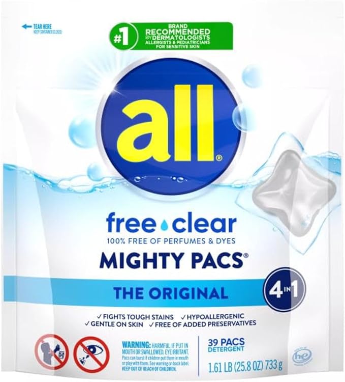all Mighty Laundry Detergent Pacs, Free Clear for Sensitive Skin, Unscented and No Dye, 39 Count (Pack of 2)