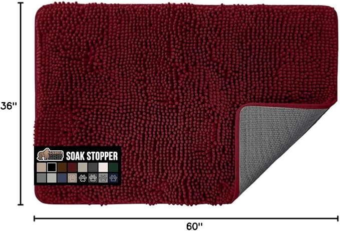 GORILLA GRIP SoakSTOPPER Dog Door Mat, 60x36 Machine Washable Rug Absorbent Doormat Captures Moisture Mud Dirt, Quick Dry Soft Chenille Entryway Rugs Indoor Entrance Mats for Dog Paws, Burgundy