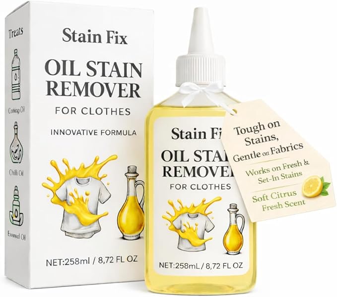 Instant Oil Stain Remover for Clothes (8.72oz) - Fabric Stain Remover For Cooking, Engine, Dried Oil And Grease Stains - Safe for All Fabric Types