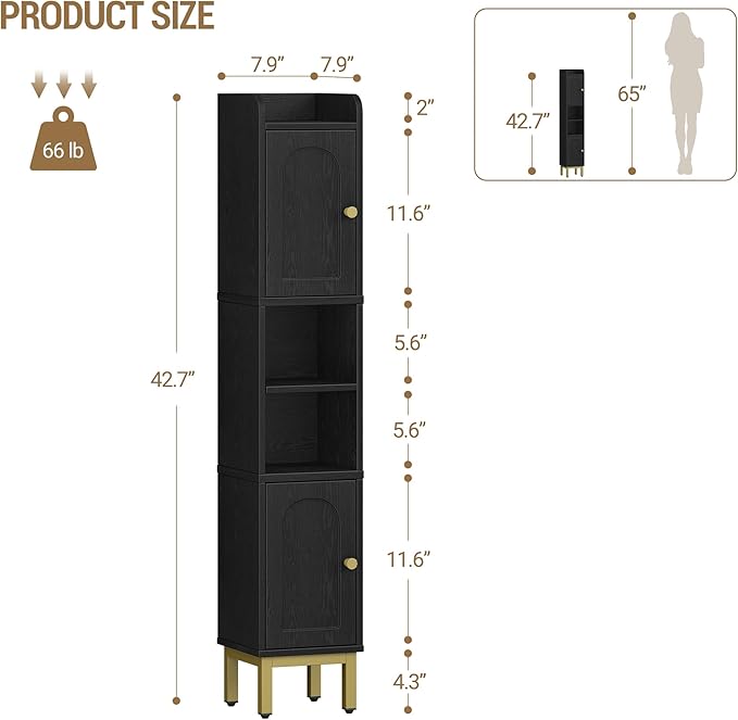 Slim Bathroom Storage Cabinet, Narrow Bathroom Organizers and Storage with 4 Adjustable Feet, Laundry Room Organization for Small Space, Kitchen, Living Room, 2 Doors Black BC22404G