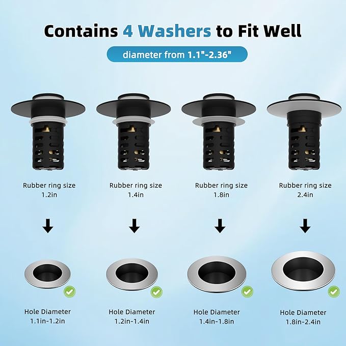 Upgraded Bathroom Sink Drain Strainer Hair Catcher 2PCS Universal 3 in 1 Pop-up Sink Stopper, Fit for 1.1''~2.36'' Basin Hole, with Detachable Stainless Steel Filter Basket, Matte Black