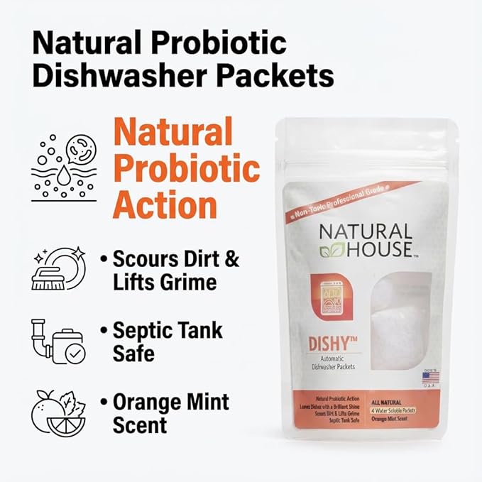 Natural House Dishy - Probiotic Dishwasher Detergent Pods - Plant-Based Formula - Septic Safe - Orange Mint Scent - 4 Count