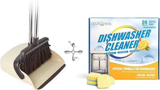 Broom and Dustpan Set+24-Count Dishwasher Cleaner Tablets, Deep Cleaning and Descaling Formula, Removes Odors, Scale, and Hard Water Residue, Maintains Dishwashers, Septic Tank Safe