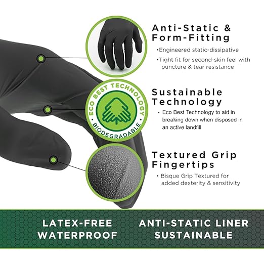 SHOWA 7700PFT Sustainable EBT Latex-Free, Powder-Free, Accelerator-Free, Nitrile Disposable Single Use Safety Gloves, 4 Mil, 9.5" Length, Large (1 Box/50 Gloves)