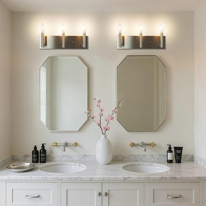Kalium Bathroom Light Vanity Fixtures Over Mirror, 3-Lights Modern Brushed Nickel Wall Sconces, Minimalist Wall Lights for Livingroom Bedroom Entryway Hallway Staircase, E12 Base(Bulbs Not Included)