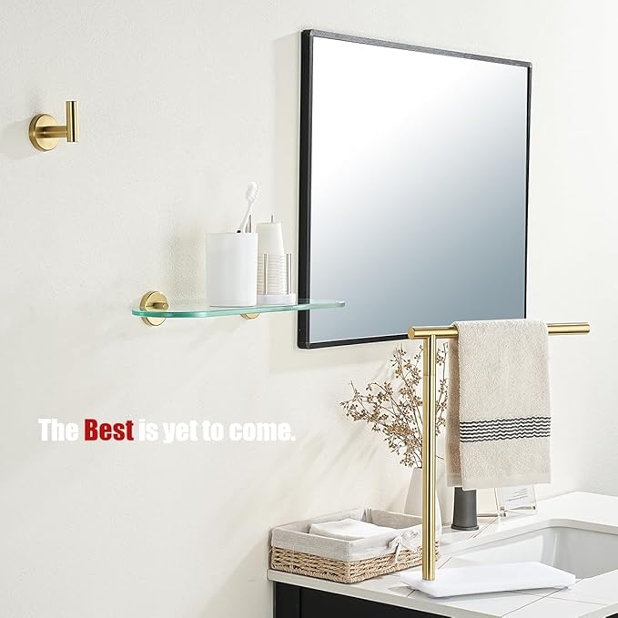 JQK Bathroom Glass Shelf Gold, Tempered Glass Shower Storage 16 by 5 inches, 304 Stainless Steel Brushed Gold Wall Mount, TGS121L16-BG