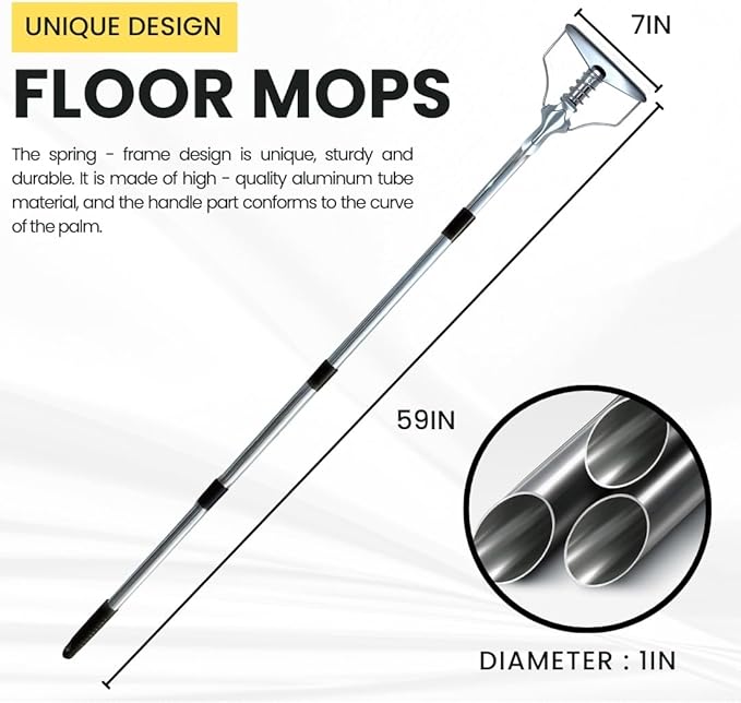 Heavy Duty Commercial Industrial Mop，59in Looped-End String Wet Cotton Mops for Floor Cleaning，Suitable for Home, Workshop and Garage Floor Cleaning Including 2 Mop Head Replacements (Blue + White)