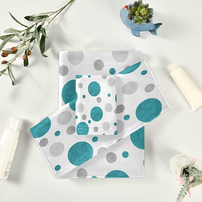Bath Towels Set,Soft Absorbent Blue Aqua Teal Gray White Polka Dots Abstract Circles Classic Contemporary Design 3 Piece Luxury Bathroom Towels,1 Bath Towel,1 Hand Towel,1 Washcloth for Spa