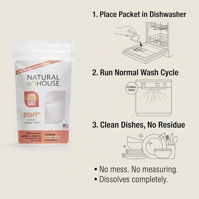 Natural House Dishy - Probiotic Dishwasher Detergent Pods - Plant-Based Formula - Septic Safe - Orange Mint Scent - 20 Count