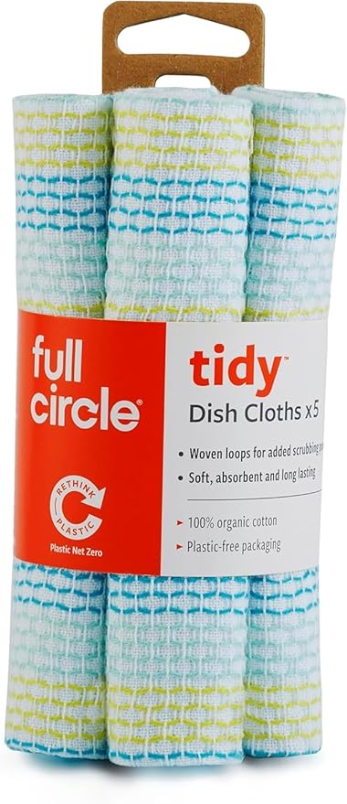 Full Circle Tidy Organic Cotton Dish Cloths – Absorbent, Reusable 100% Cotton Kitchen Towels, Eco-Friendly and Machine Washable, Set of 5, Spring Green