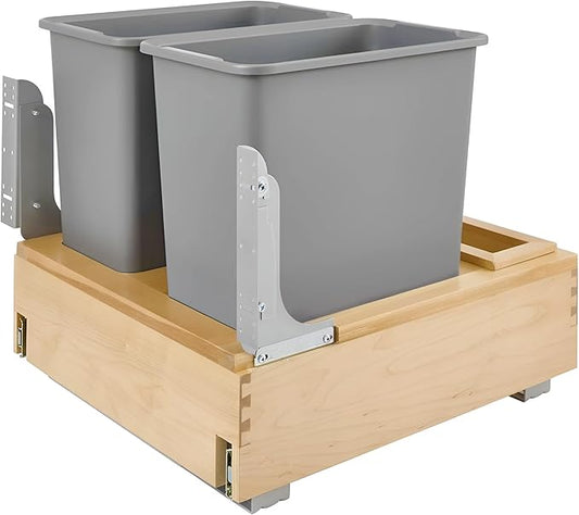 Rev-A-Shelf Double 30-Quart Pullout Under Cabinet Trash Cans with Soft Open & Close Slide System, Metallic Silver, Maple Wood Bottom 4WCBM-2430DM-2