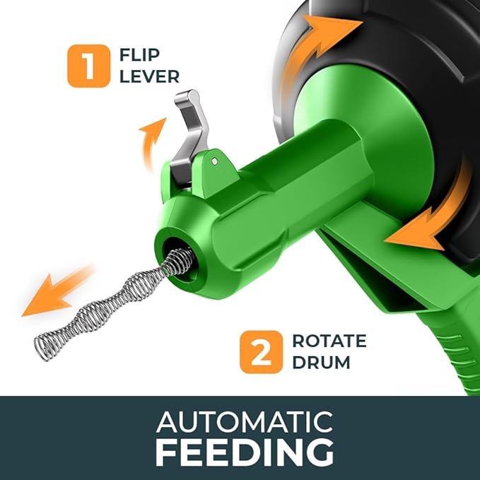 drain snake - Auto Feed - Ideal plumbing snake for sink and drain unblocking - Solid drain auger for real DYIs! (25FT - NEW)