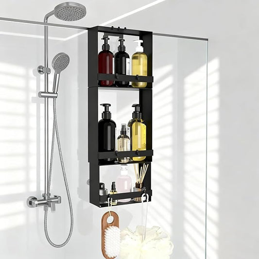 Over the Door Shower Caddy Hanging, 3 Tier Stainless Steel Hanging Shower Caddy with 8 Hooks & 4 Suction Cup, Bathroom Organizers and Storage Rack, Bathroom Decor Shelves Holds Shampoo, Towel - Black
