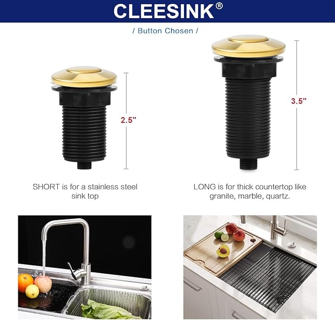 Sink Top Air Switch Kit Garbage Disposal Part by CLEESINK (LONG/3.5", Polished Gold)