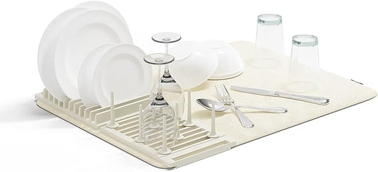 Umbra Udry Rack and Microfiber Dish Drying Mat-Space-Saving Lightweight Design Folds Up for Easy Storage, Standard, Linen