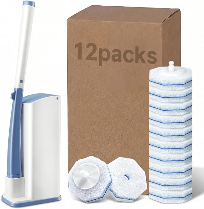 Disposable Toilet Bowl Cleaner with 12 Disinfecting 5X Power Refill Heads, Toilet Bowl Cleaner Wands, Storage Caddy, Toilet Cleaning System Starter Kit