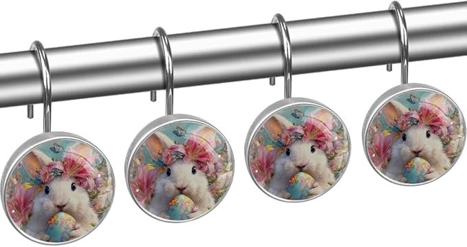 Easter Rabbit and Flowers Shower Curtain Hooks 12Pcs, Decorative Rust Resistant Shower Rings for Shower Curtain Rods, Stainless Steel Round Curtain Hooks for Bathroom, Bedroom, Farmhouse