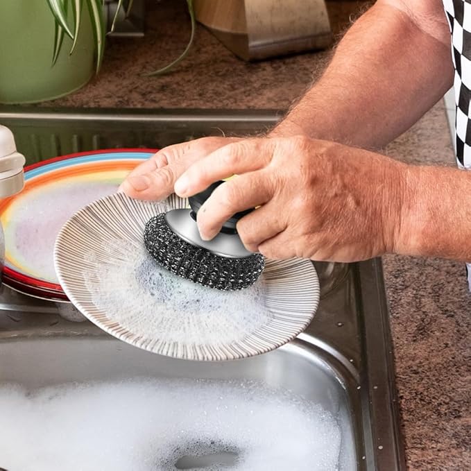 2025 New Stainless Steel Wool Scrubber with Handle, Heavy Duty Scrubber Detachable Metal Steel Scrubber Wool Pads for Cleaning Dishes, Cast Iron Pots, Stoves, Kitchen Sink (1 Pcs)