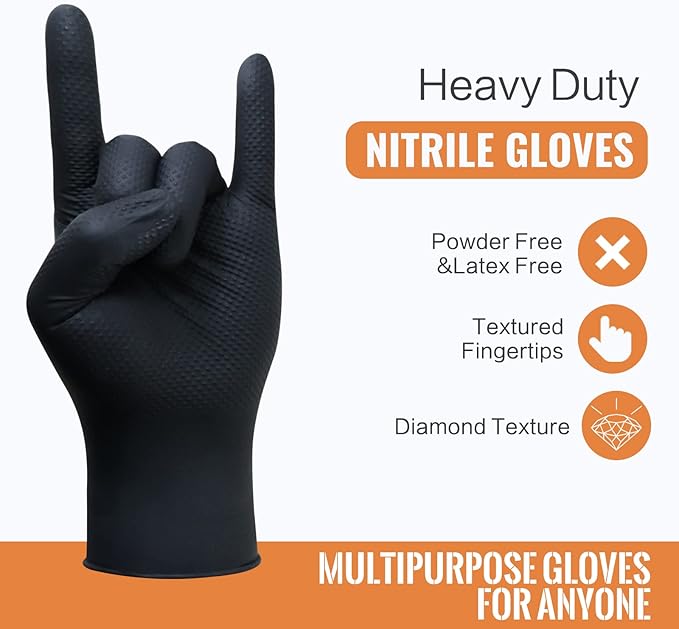 Wostar Black Nitrile Industrial Gloves Large 8 Mil Raised Diamond Texture Latex & Powder Free Heavy Duty Gloves 100 Count