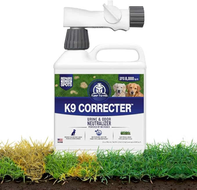 Turf Titan K9 Correcter w/Hose End– Dog Urine Neutralizer for Lawn (32 oz) – Urine Neutralizer For Dogs to Revive your Grass – Lawn Care Solution for Green, Odor-Free Grass – Covers Up to 8,000 Sq Ft