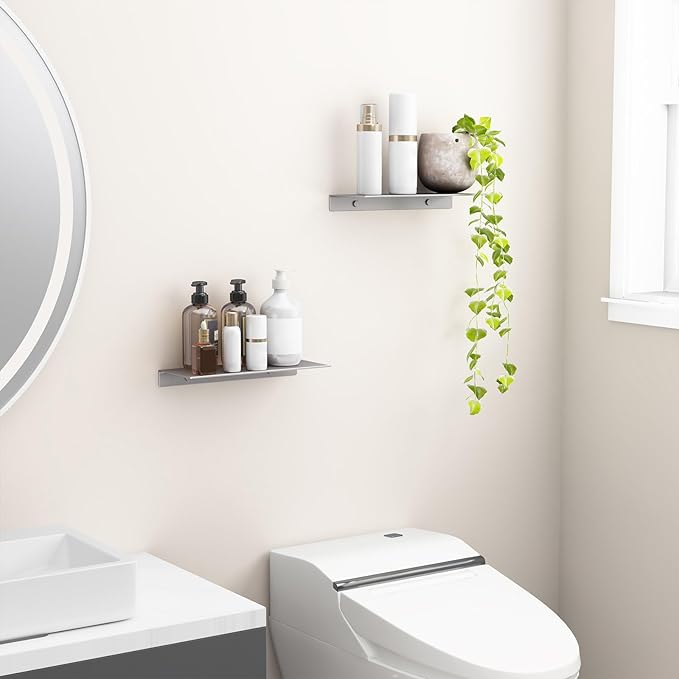 Adhesive Floating Shelves — 16" Grey Metal, Set of 2