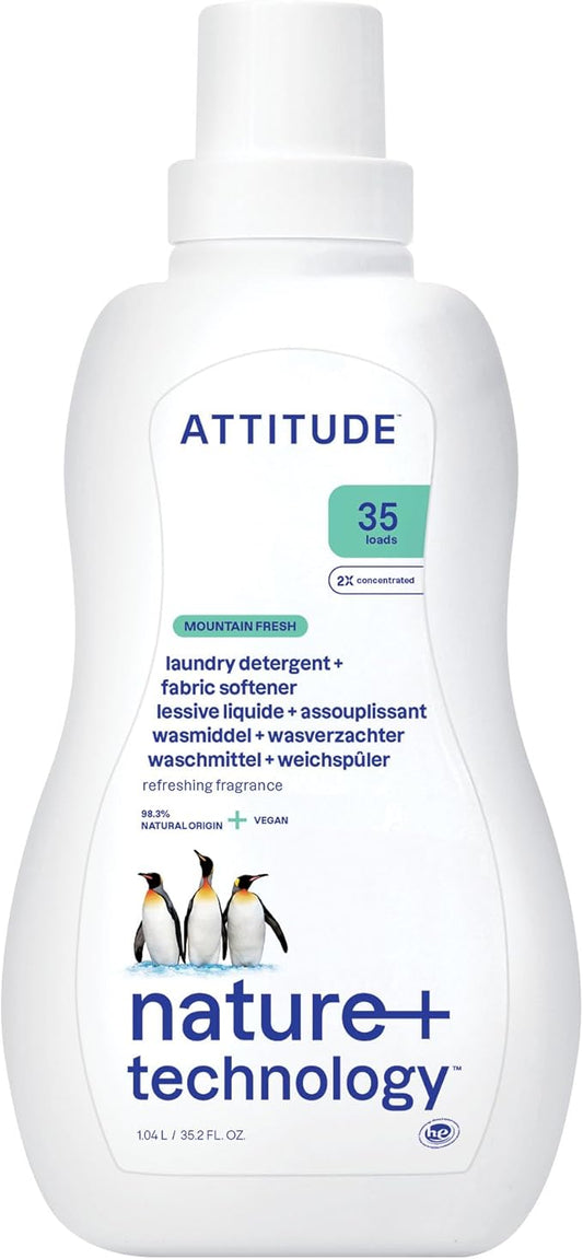 ATTITUDE 2-in-1 Laundry Detergent & Fabric Softener, Plant- & Mineral-Based, HE Compatible, Vegan, Mountain Essentials, 35 Loads, 35.5 Fl Oz