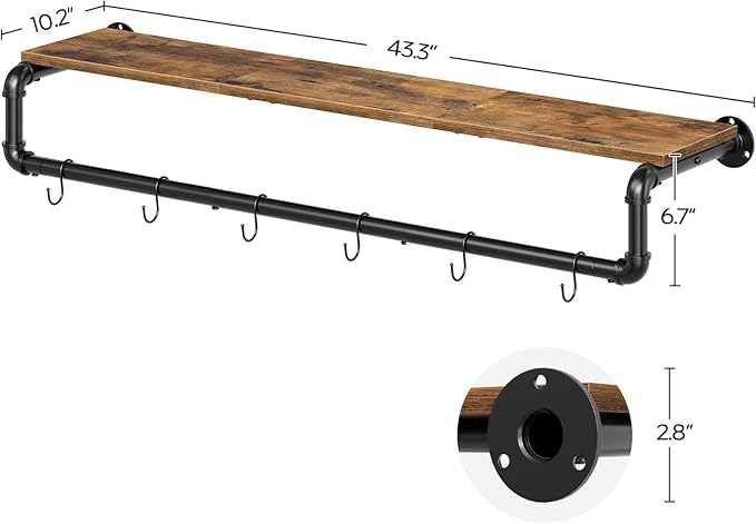 Pipe Clothes Rack, 43.3 in Wall Mounted Garment Rack with Top Shelf, Industrial Clothing Rack with Hanging Rod, Heavy Duty Detachable, Space Saver Hanging Clothes Rack, Rustic Brown FS11BRY1