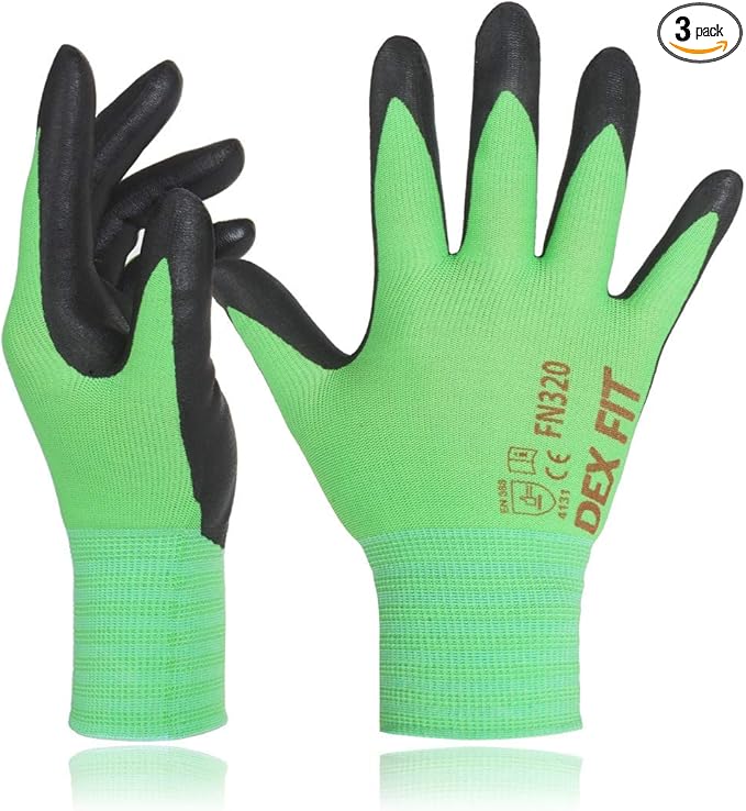 DEX FIT Nylon Work Gloves FN320, 3D Comfort Fit, Power Grip, Lightweight & Breathable, Touchscreen, Gardening, Yard Work, Warehouse, Delivery Driver Gloves; Green 7 (S) 3 Pairs